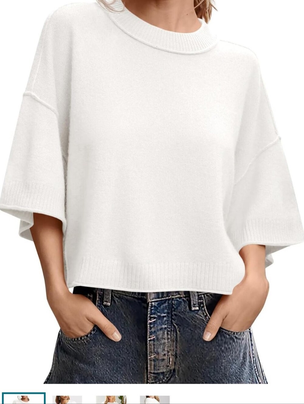 Saodimallsu Women’s Ivory Short Sleeve Oversized Knit Sweater Crewneck 21” PTP